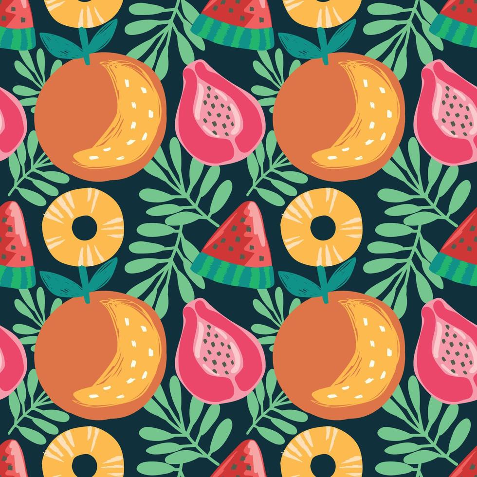 colourful mixed fruits seamless pattern on black background vector