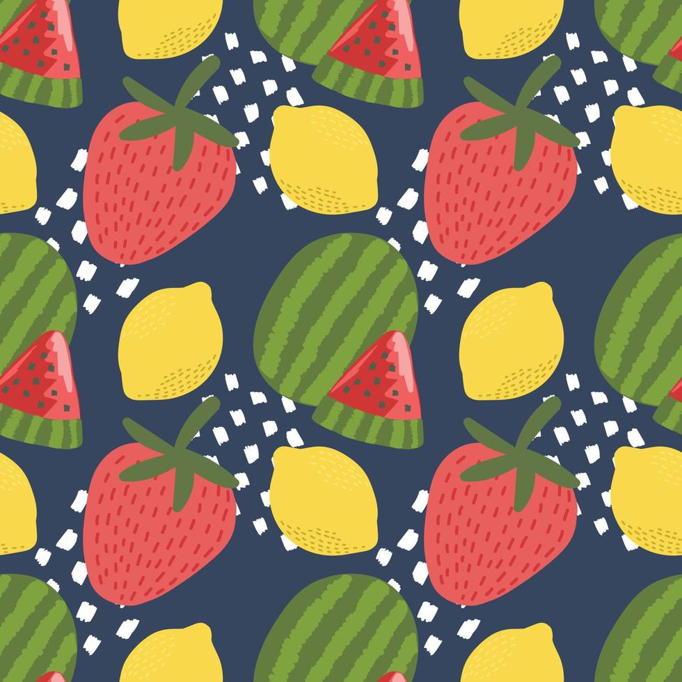 mixed fruits colourful pattern design on dark blue background vector