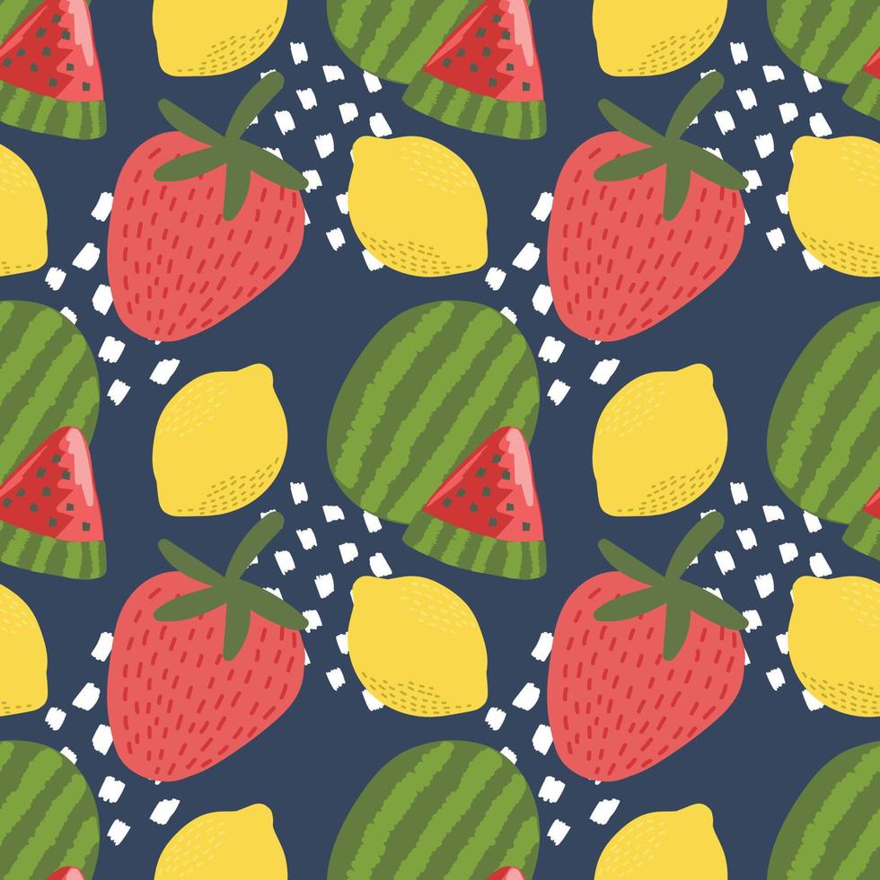 diseño de patrones coloridos de frutas mixtas sobre fondo azul oscuro vector