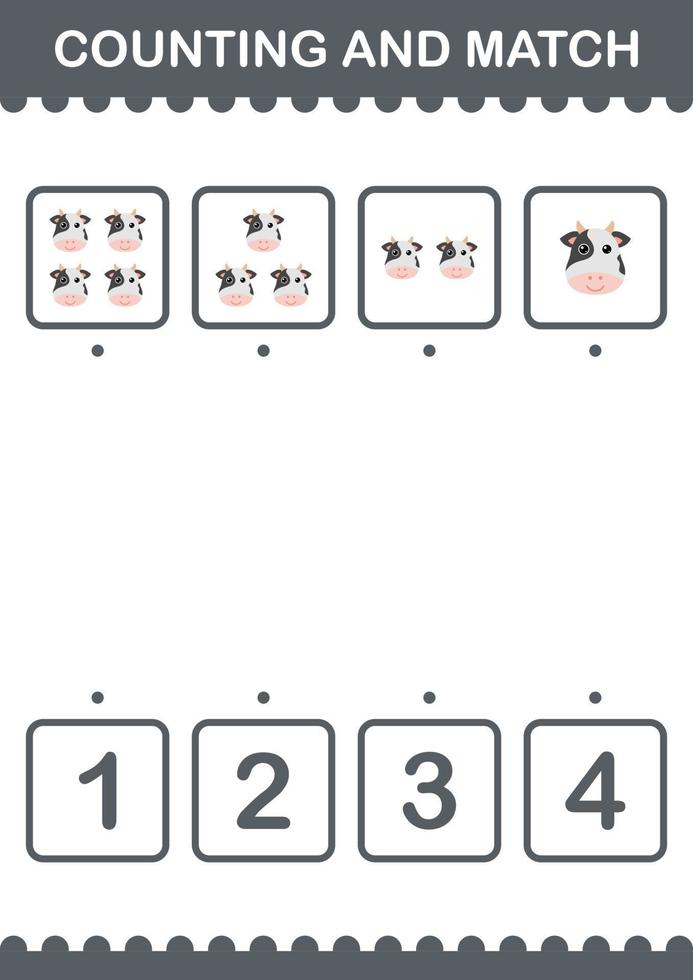 Counting and match Cow face. Worksheet for kids vector