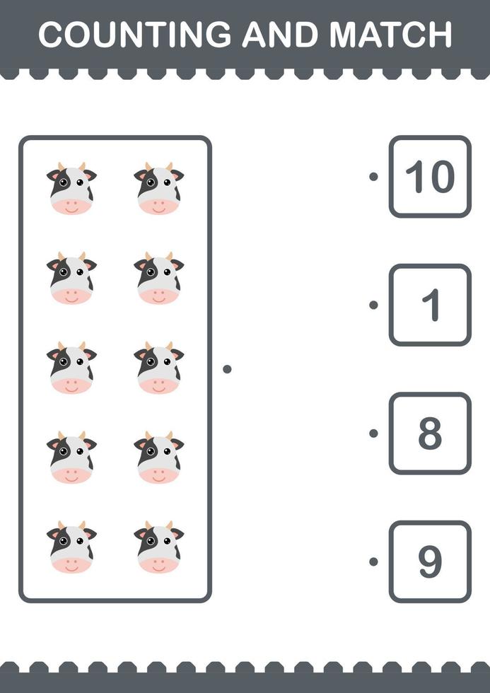 Counting and match Cow face. Worksheet for kids vector