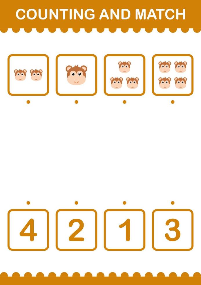 Counting and match Monkey face. Worksheet for kids vector