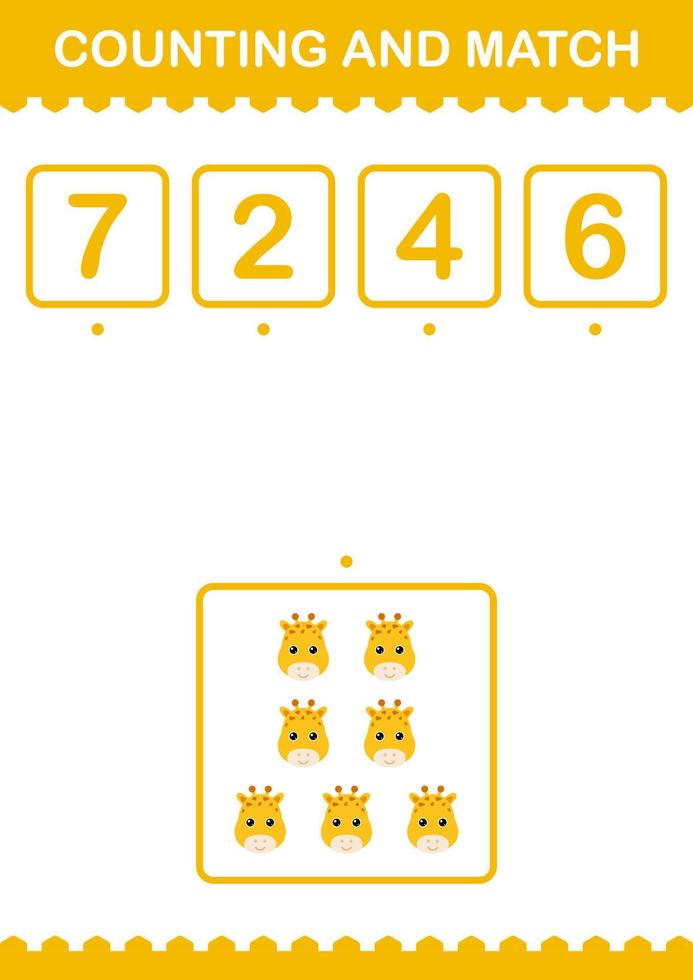 Counting and match Giraffe face. Worksheet for kids vector