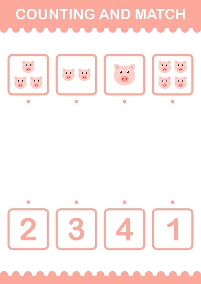 Counting and match Pig face. Worksheet for kids vector