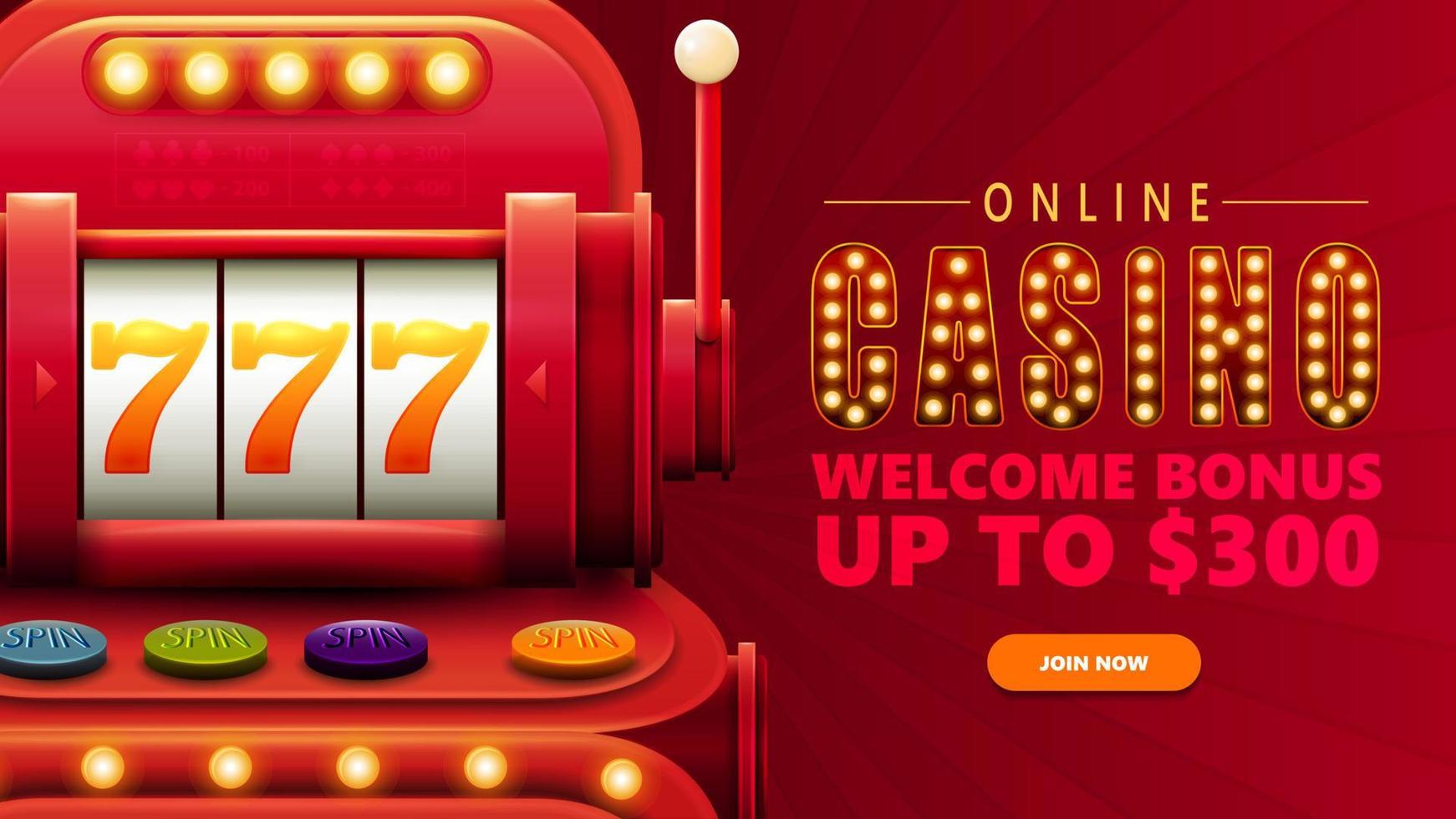 casino en línea, banner de invitación rojo para sitio web con botón y gran máquina tragamonedas volumétrica con jackpot en estilo de dibujos animados vector