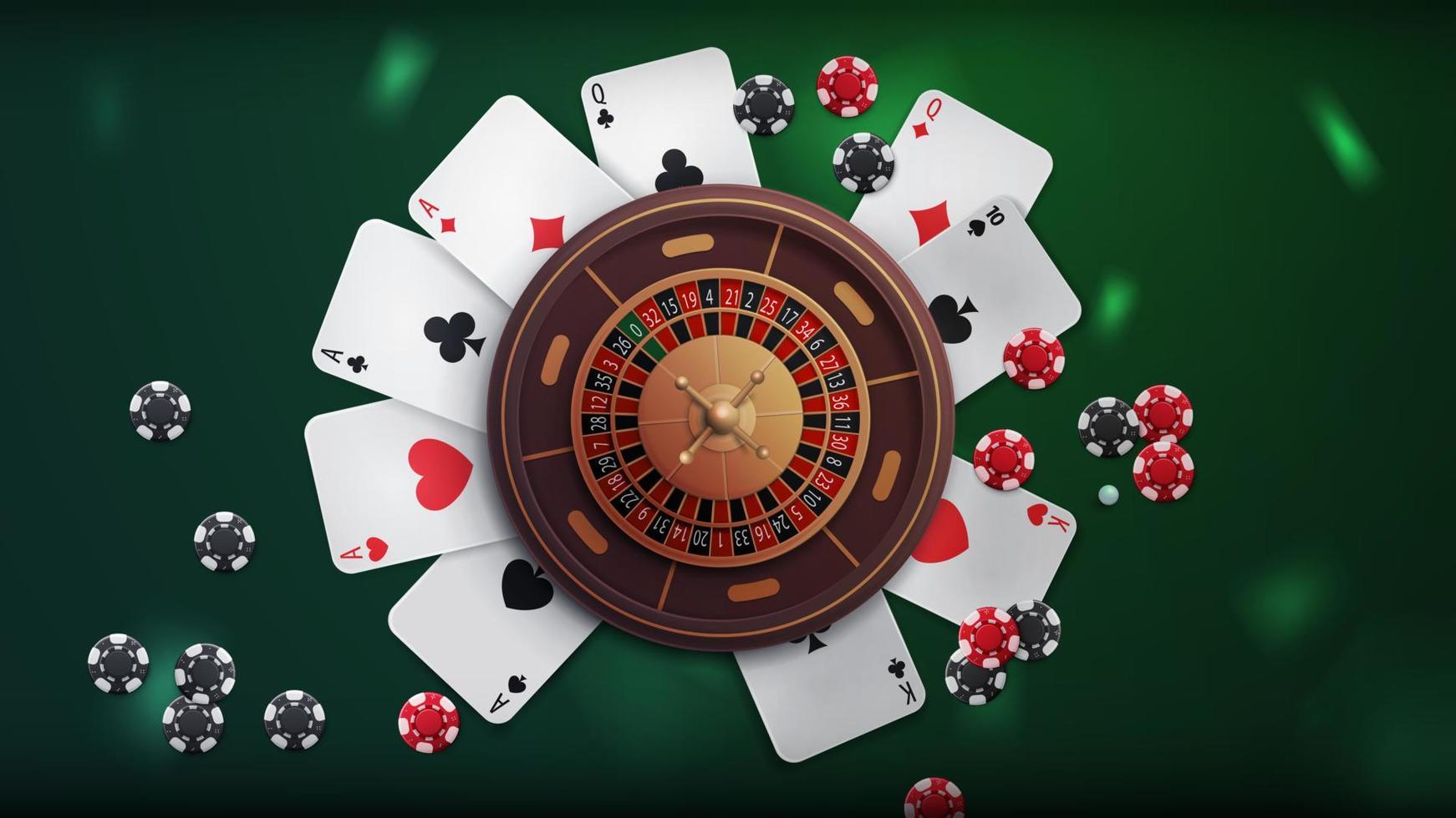 ruleta de casino en mesa verde con fichas de póquer y naipes, vista superior. fondo para tus artes vector