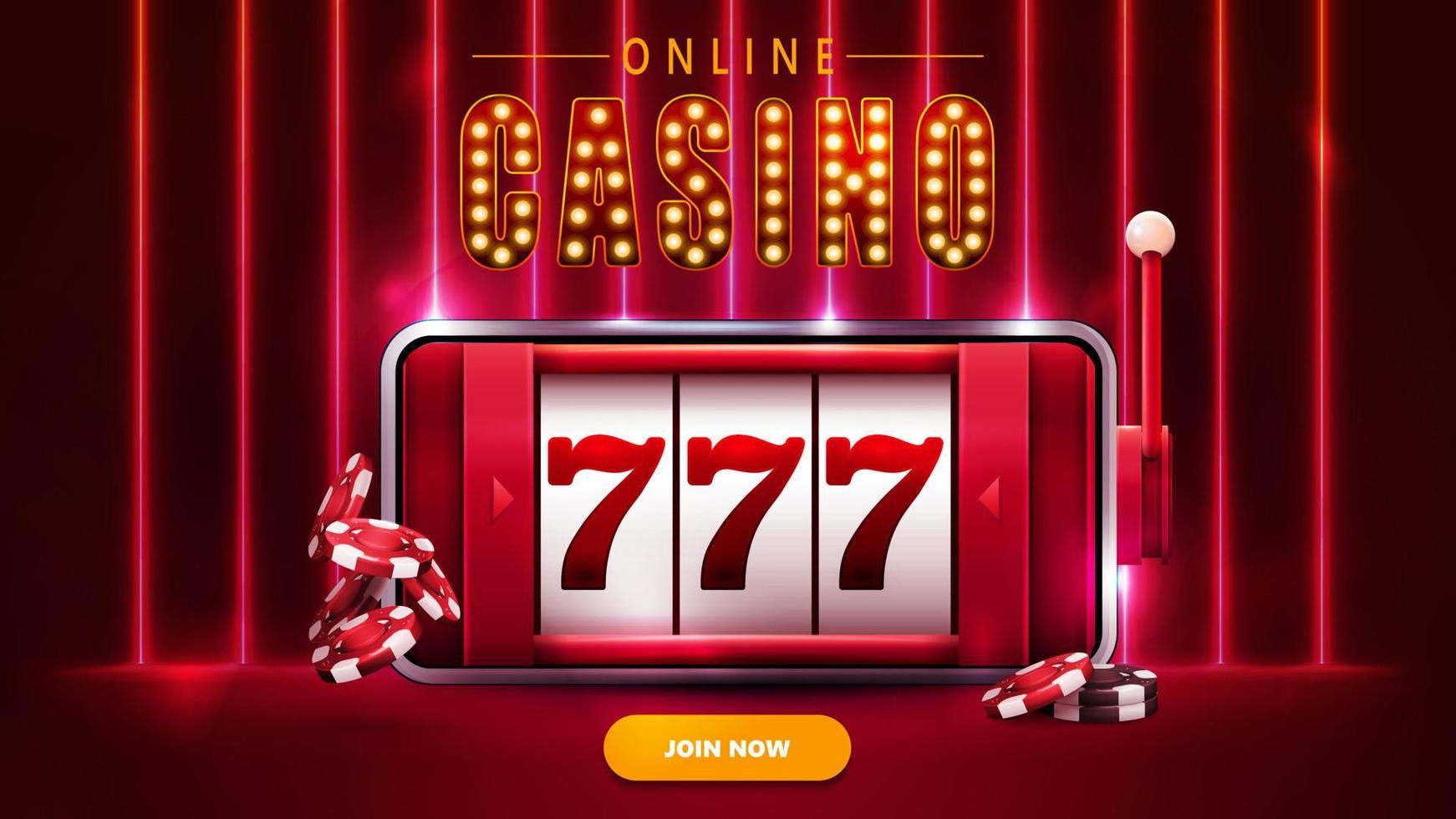 Red banner with smartphone with slot machine on screen and poker chips in scene with wall of line vertical neon lamps on background. vector