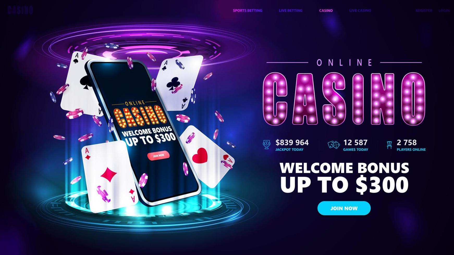 casino en línea, banner para sitio web con botón, teléfono inteligente, fichas de póquer y naipes en podio digital azul y rosa con anillos digitales de holograma en cuarto oscuro vector