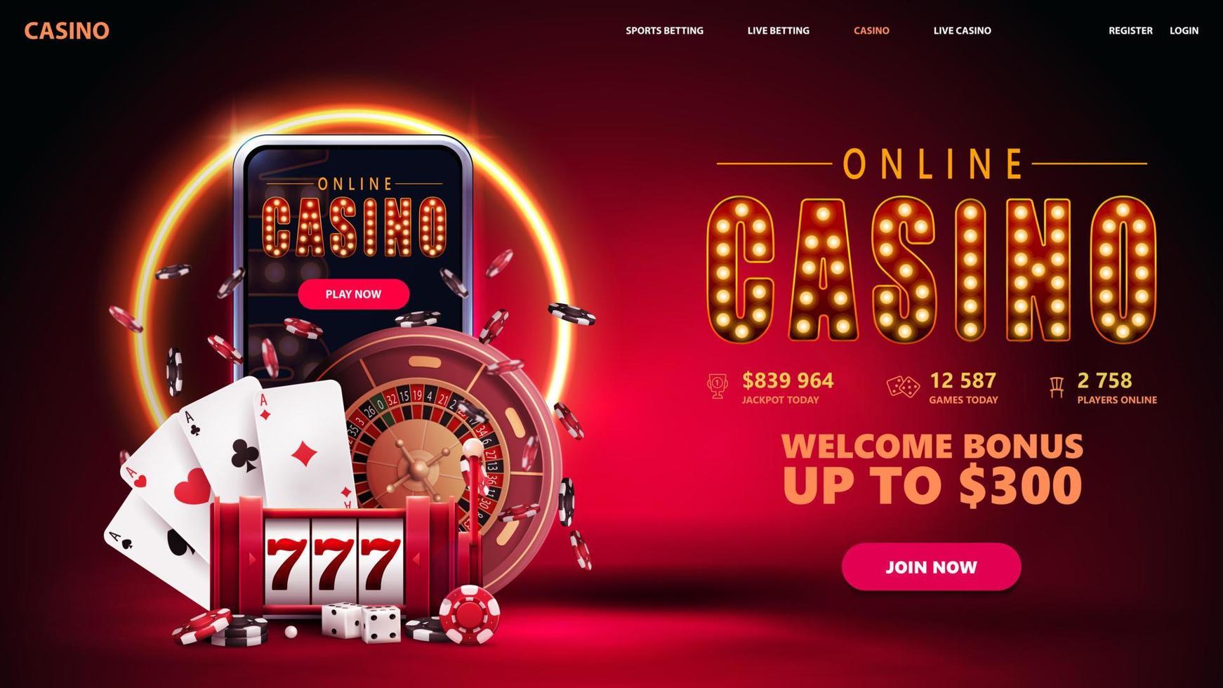 Online casino, red invitation banner for website with button, smartphone, slot machine, Casino Roulette, poker chips and playing cards in red scene with orange neon ring on background. vector