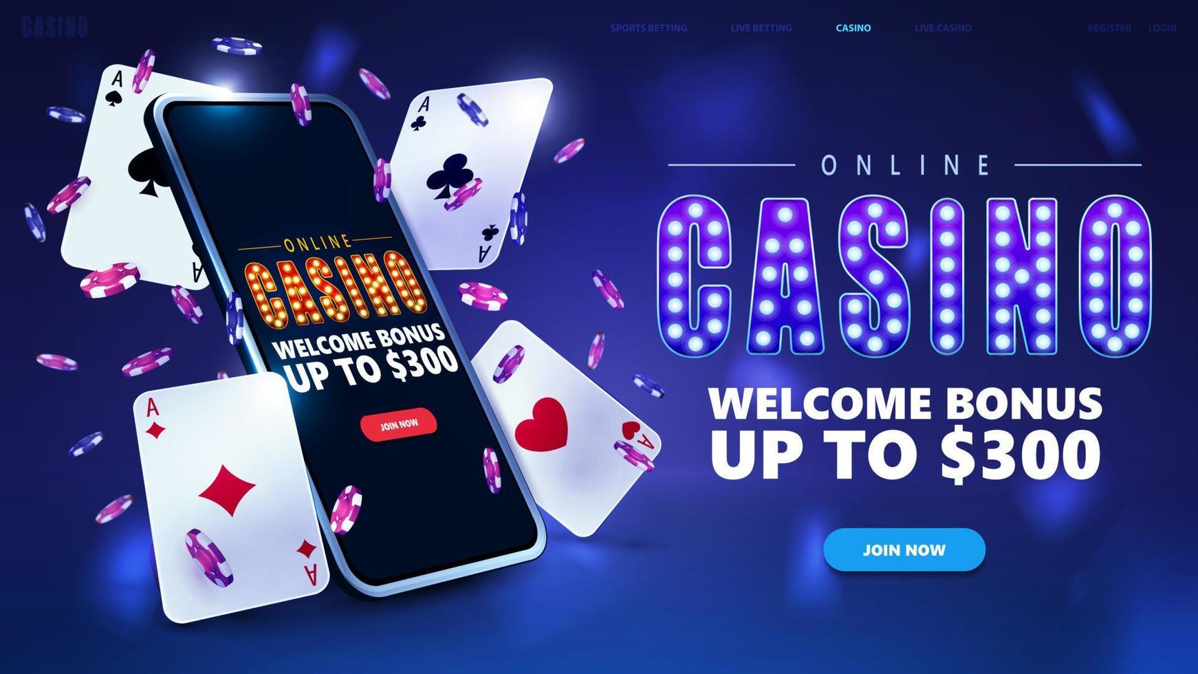 casino en línea, banner para sitio web con botón, teléfono inteligente, fichas de póquer y naipes en escena azul vector
