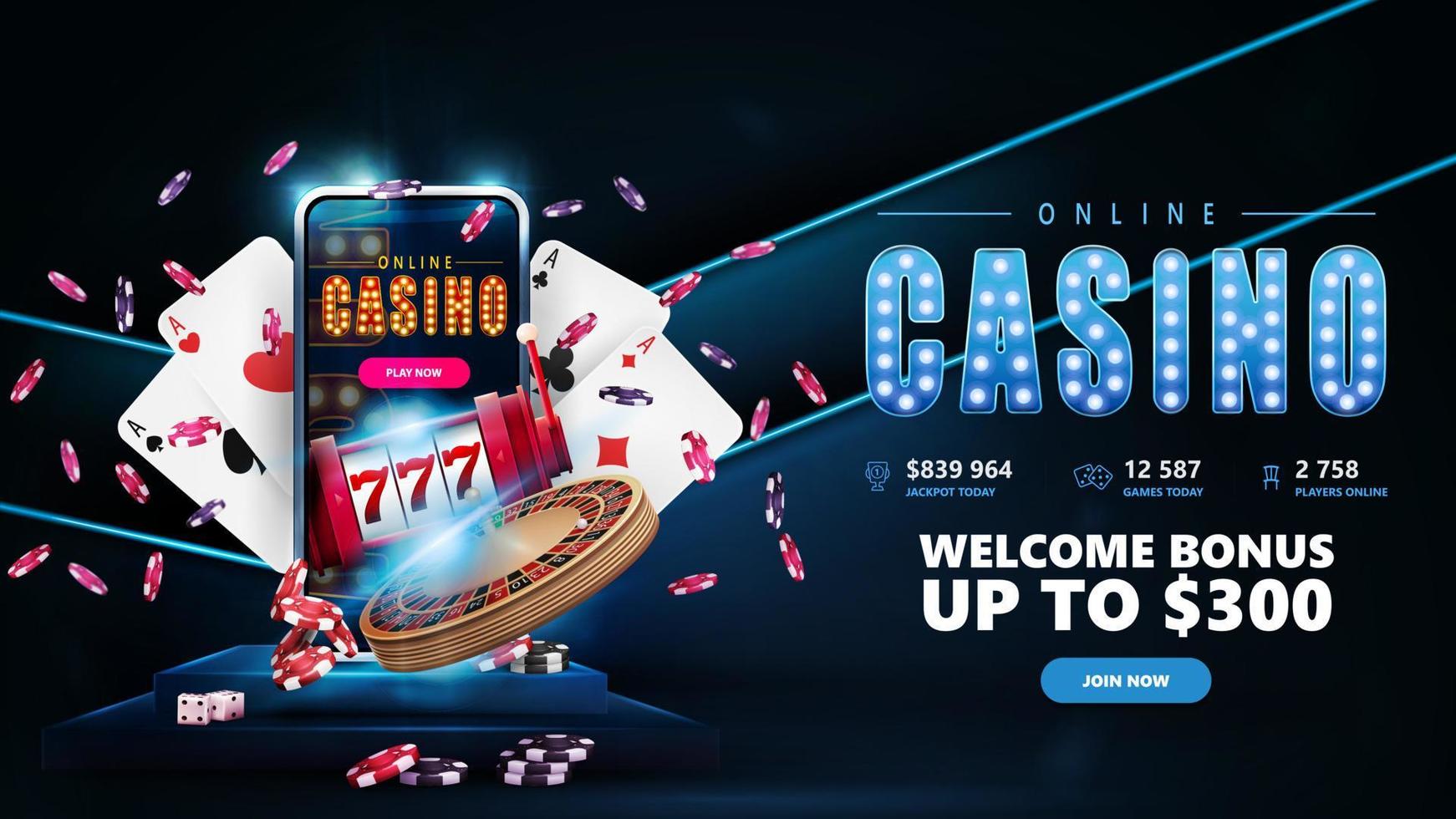 Online casino, blue invitation banner for website with button, smartphone on podium, slot machine, poker chips and playing cards in empty room with neon line lamps on wall vector