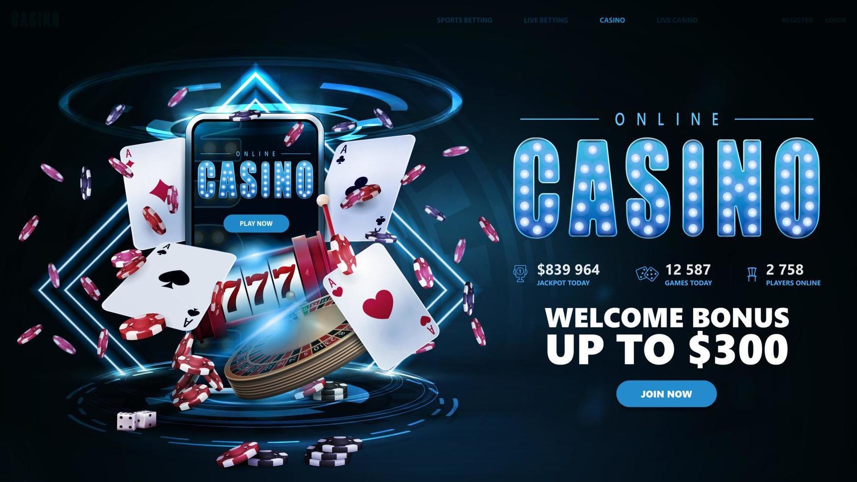 casino en línea, banner de invitación azul con botón, teléfono inteligente, máquina tragamonedas de casino, ruleta de casino, cartas y fichas de póquer en escena oscura con marcos de rombos de neón y holograma de anillos digitales vector