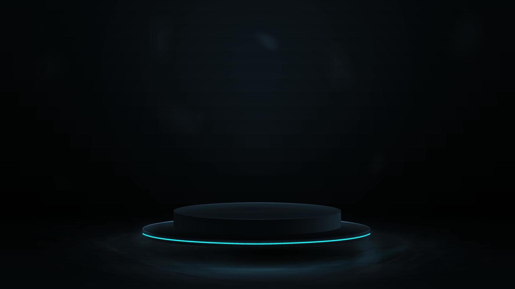 Empty dark podium with blue line neon for product presentation, 3d realistic vector illustration. Gray and dark digital scene