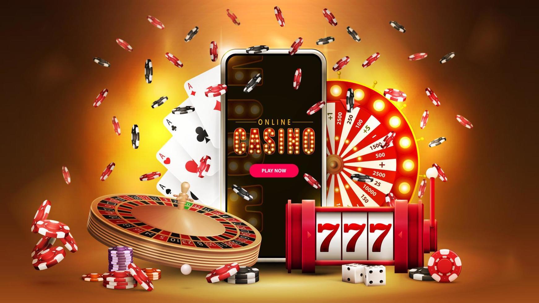 Online casino, banner with smartphone, casino slot machine, Roulette, playing cards, poker chips and Casino Wheel Fortune on gold background with bokeh, 3d realistic vector illustration.