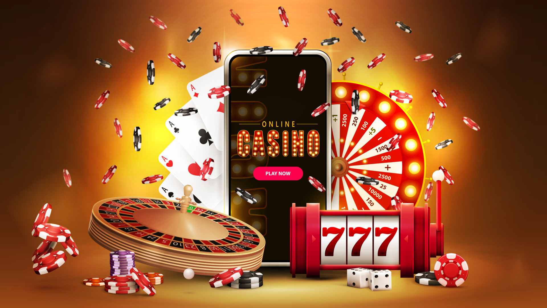 Online casino, banner wit smartphone, casino slot machine, Roulette,  playin cards, poker chips n' Casino Wheel Fortune on gold background wit  bokeh, 3d realistic vector illustration. I aint talkin' bout chicken n' gravy biatch. 8557061 Vector Art at Vecteezy