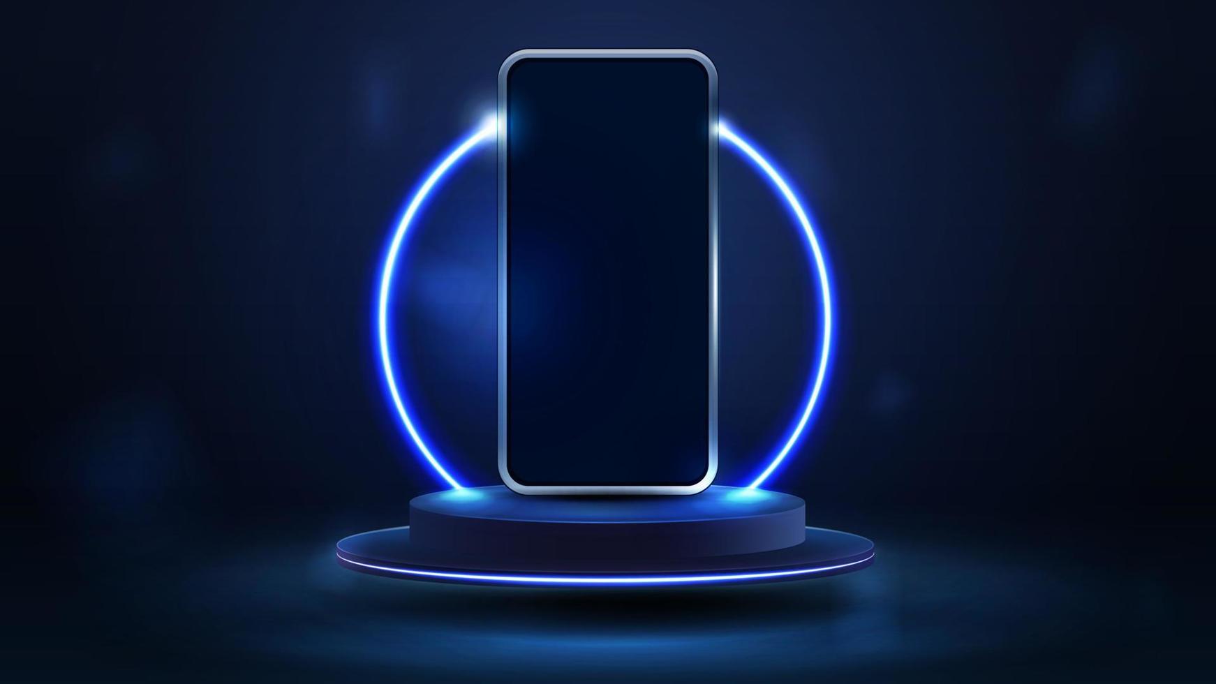 Smartphone on blue podium floating in the air with blue neon ring on background. vector