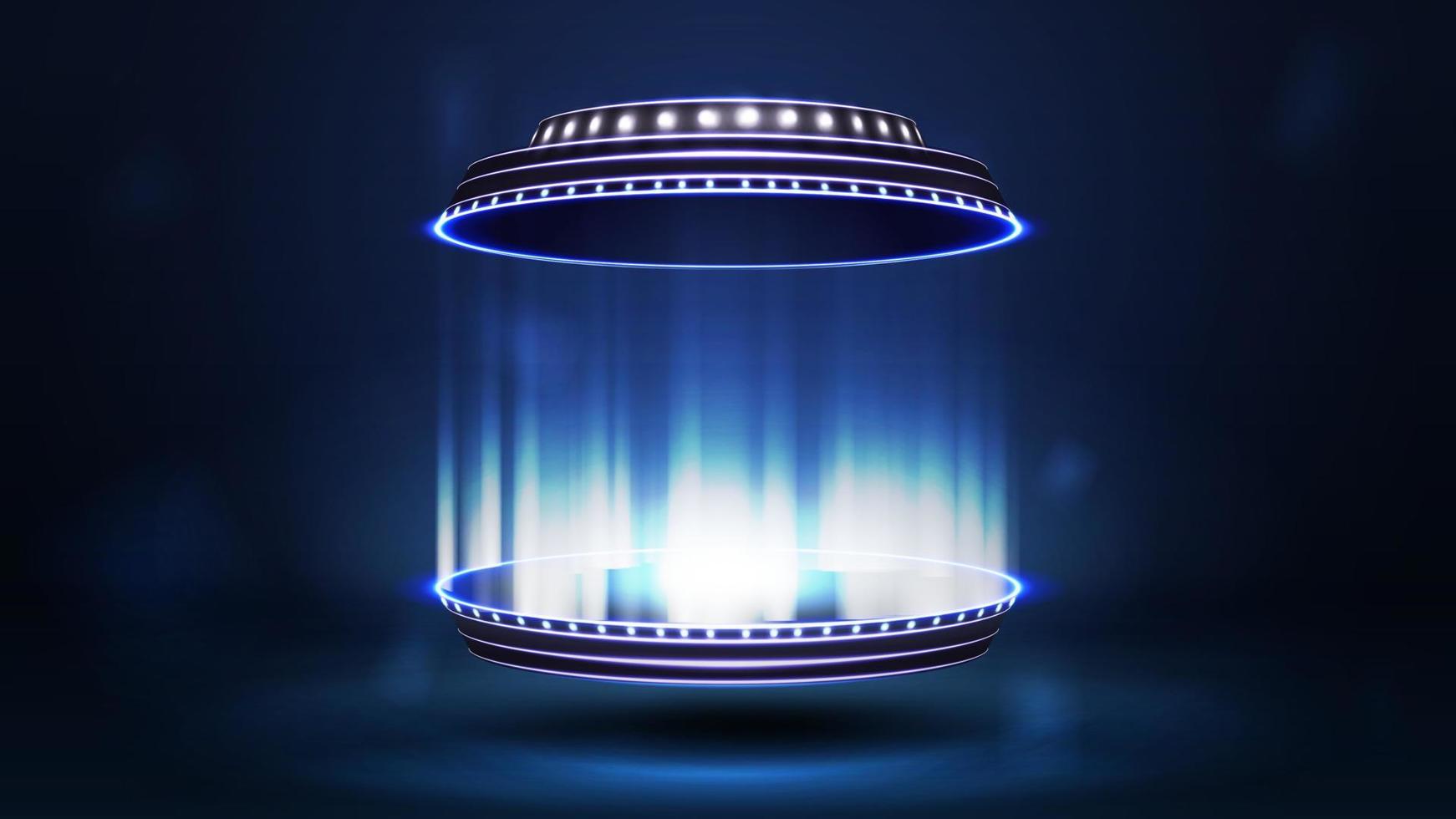 Digital 3D podium in cylindrical shapes with blue digital hologram portal. Shine blue neon podium for product presentation, 3d realistic vector illustration.