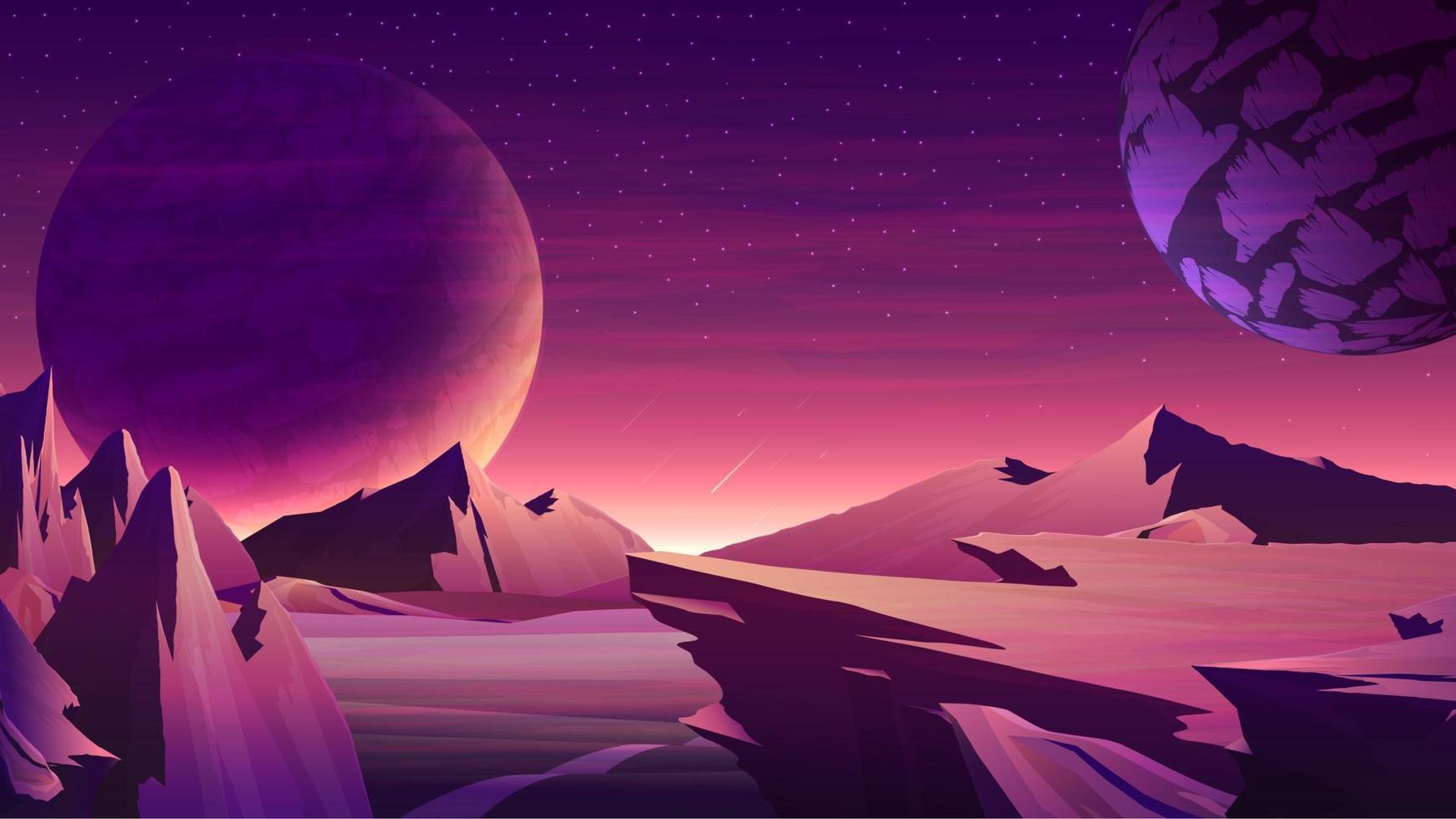 Nature on another planet with a huge planet on the horizon. Mars orange space landscape with large planets on purple starry sky, meteors and mountains on the horizon vector