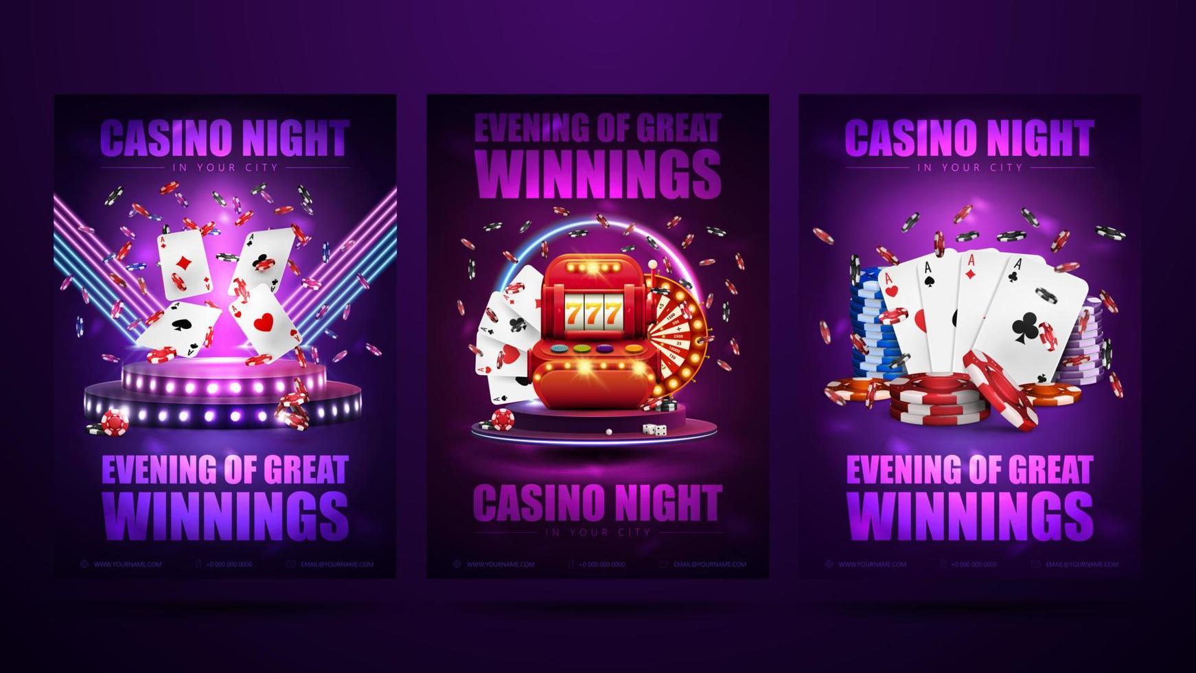 Posters with podium with red slot machine, playing cards and poker chips. Casino night, set of invitation posters with neon casino elements. vector