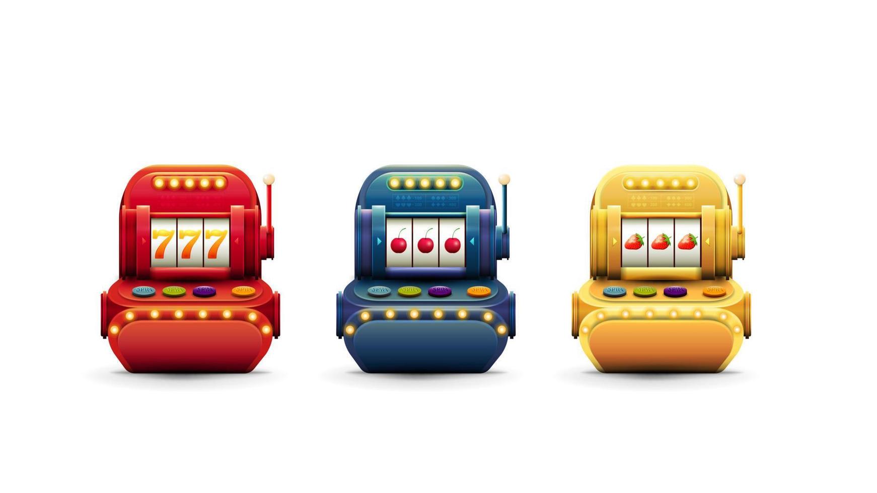 Volumetric slot machines with jackpots in cartoon style isolated on white background for your arts vector