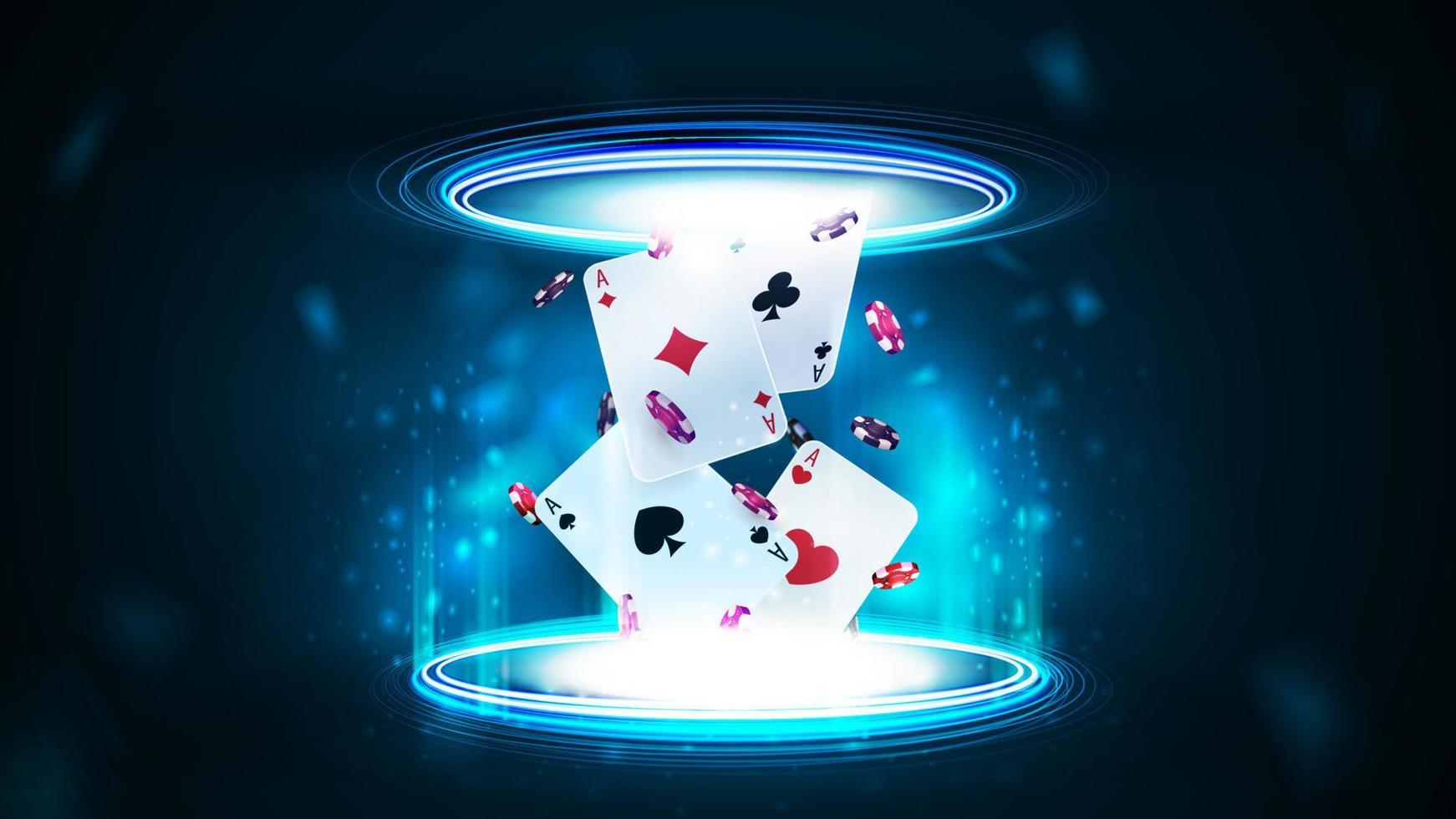 Casino playing cards with poker chips inside blue portal made of digital rings in dark empty scene vector