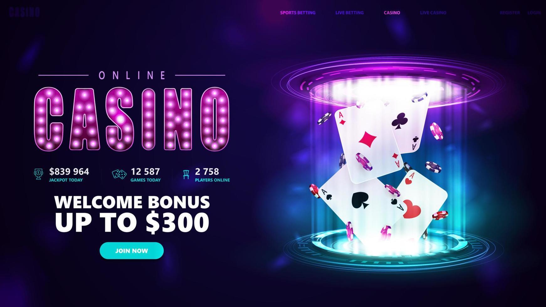 casino en línea, banner para sitio web con botón y naipes con fichas de póquer dentro de un holograma rosa y azul de anillos digitales en una escena oscura y vacía vector