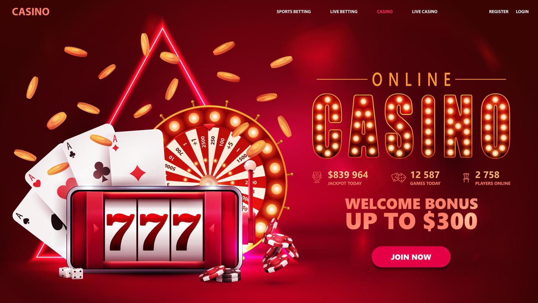 casino en línea, banner de invitación rojo para sitio web con botón, teléfono inteligente con máquina tragamonedas en pantalla, fortuna de rueda de casino, fichas de póquer y cartas de juego. vector