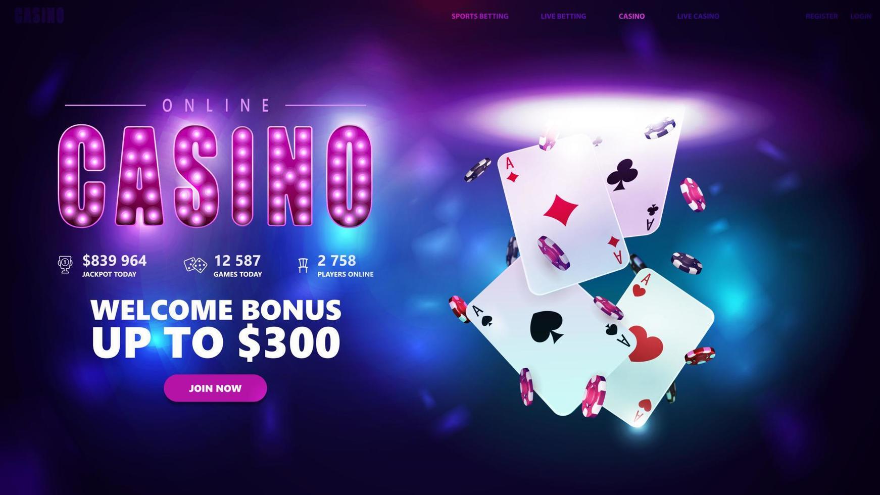 casino en línea, bono de bienvenida, banner para sitio web con botones jugando a las cartas con fichas de póquer saliendo del portal vector