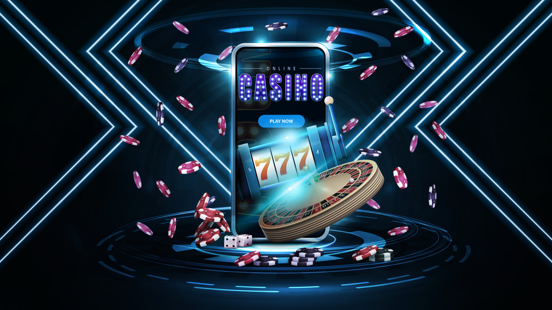 Online casino, dark and blue banner with smartphone, casino slot machine,  Casino Roulette and poker chips in scene with neon rhombus frames on  background 8557131 Vector Art at Vecteezy