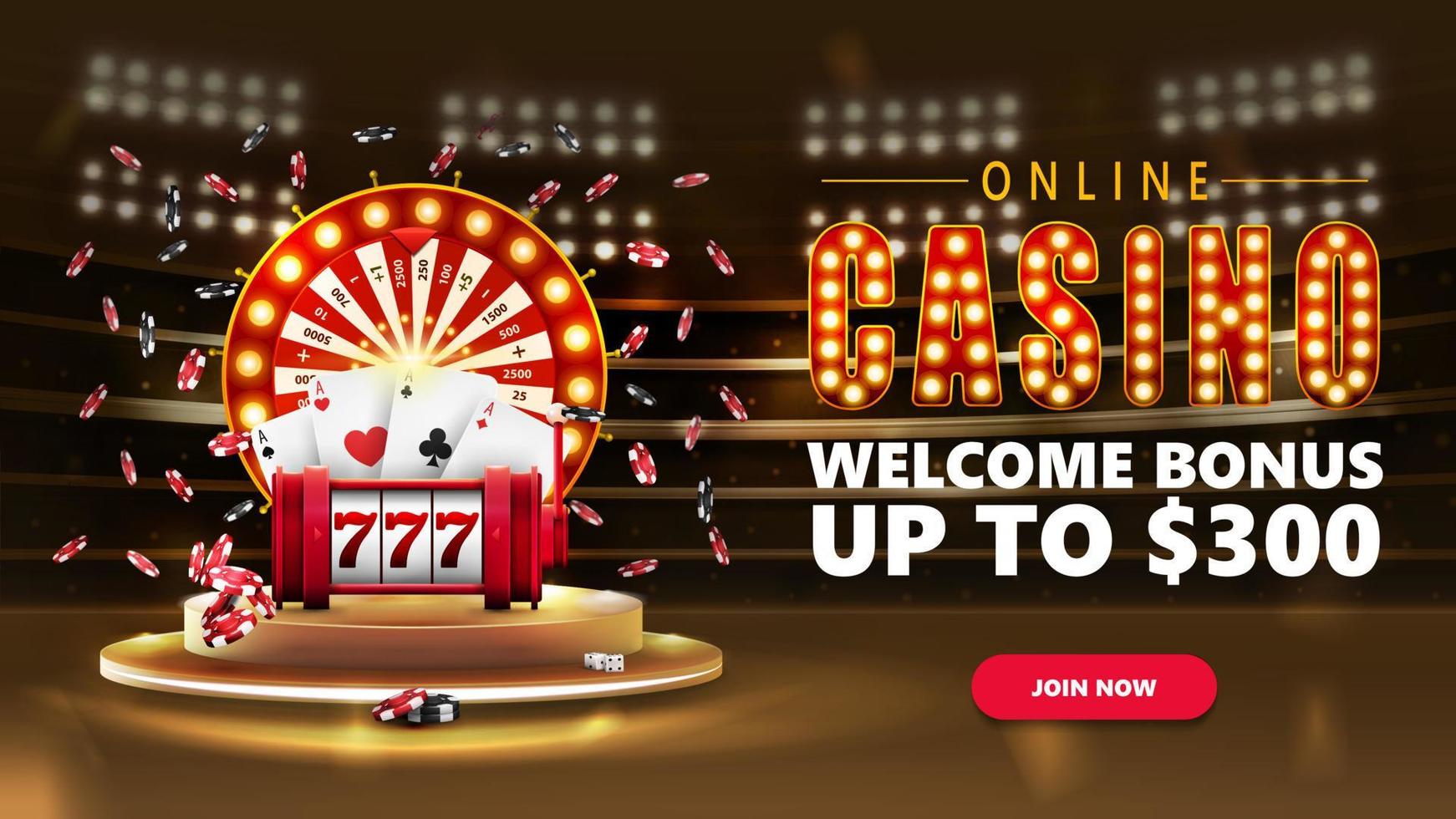 Banner with podium with Casino Wheel Fortune, Red slot machine, poker chips and playing cards in gold stadium arena with spotlights vector