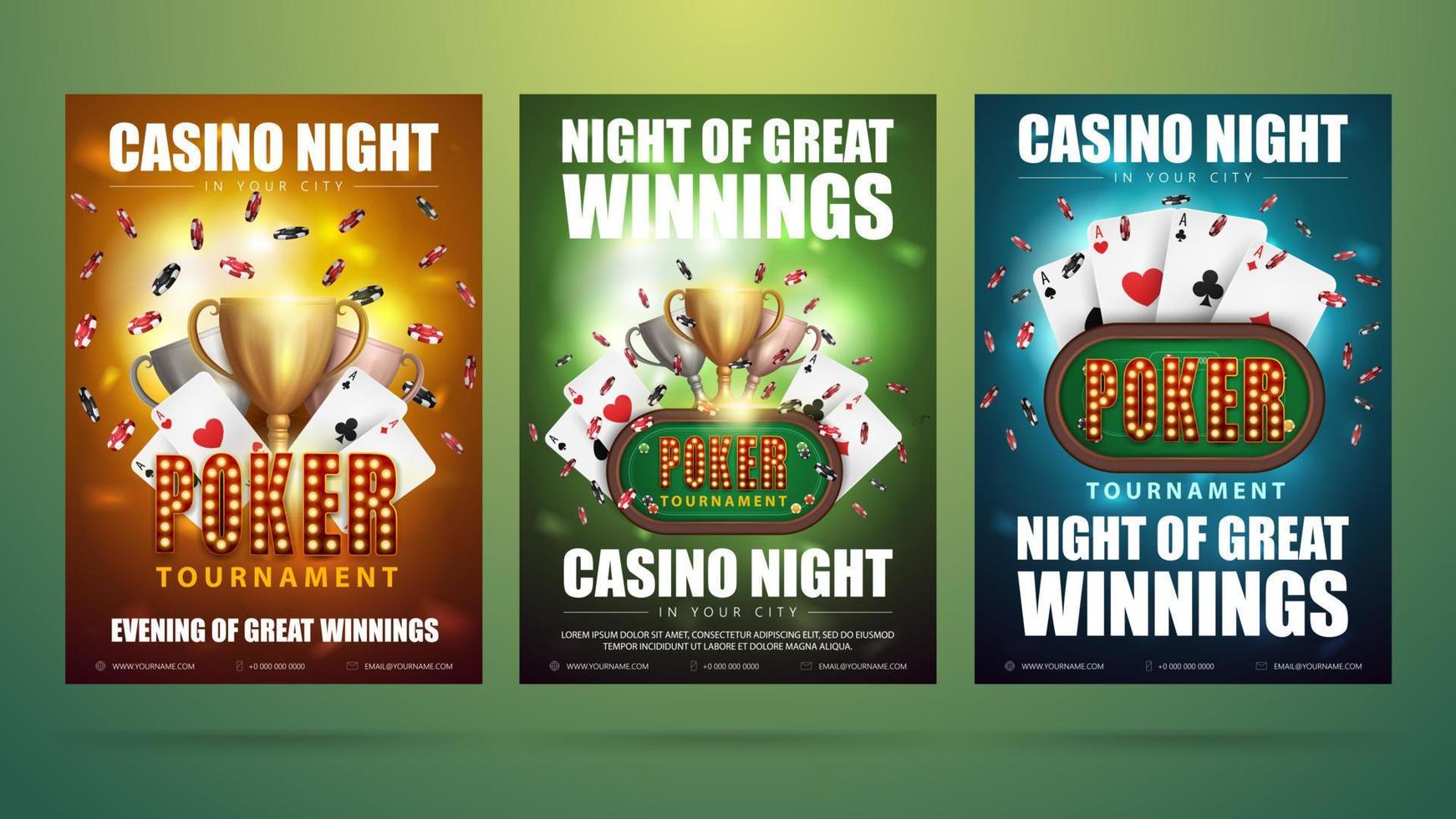 Poker tournament, set of invitation posters with casino elements. Posters with poker table with cards, chips and champion cups vector