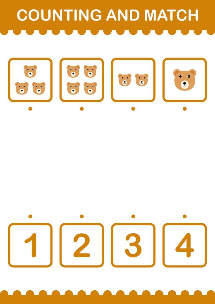 Counting and match Bear face. Worksheet for kids vector