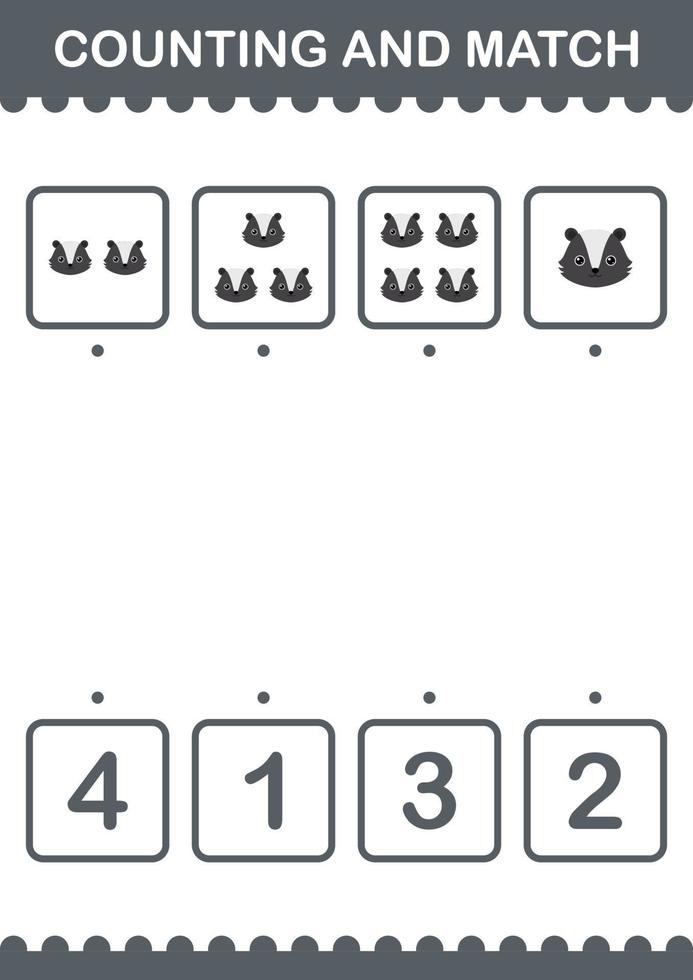 Counting and match Skunk face. Worksheet for kids vector
