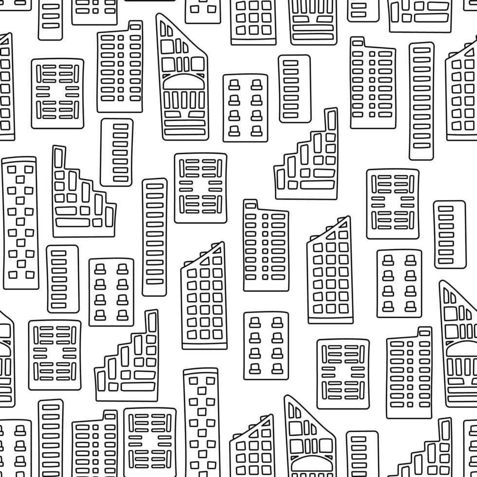 Buildings in town pattern. Urban abstract pattern. Seamless texture with city landscape, blocks and houses black line on white background. Repeat endless pattern, vector illustration, style flat