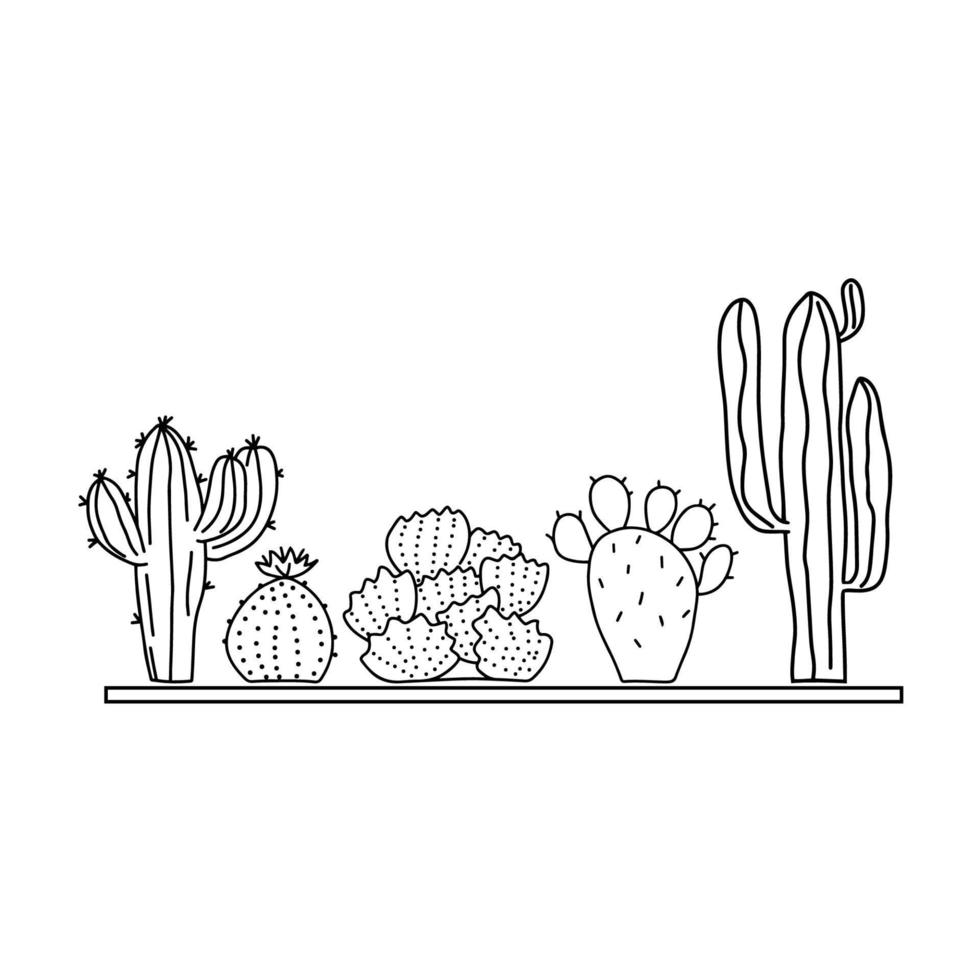 Cactuses in line. Group of outline hand drawn cactuses. Doodle elements for design. Desert plants. Vector illustration isolated on white background