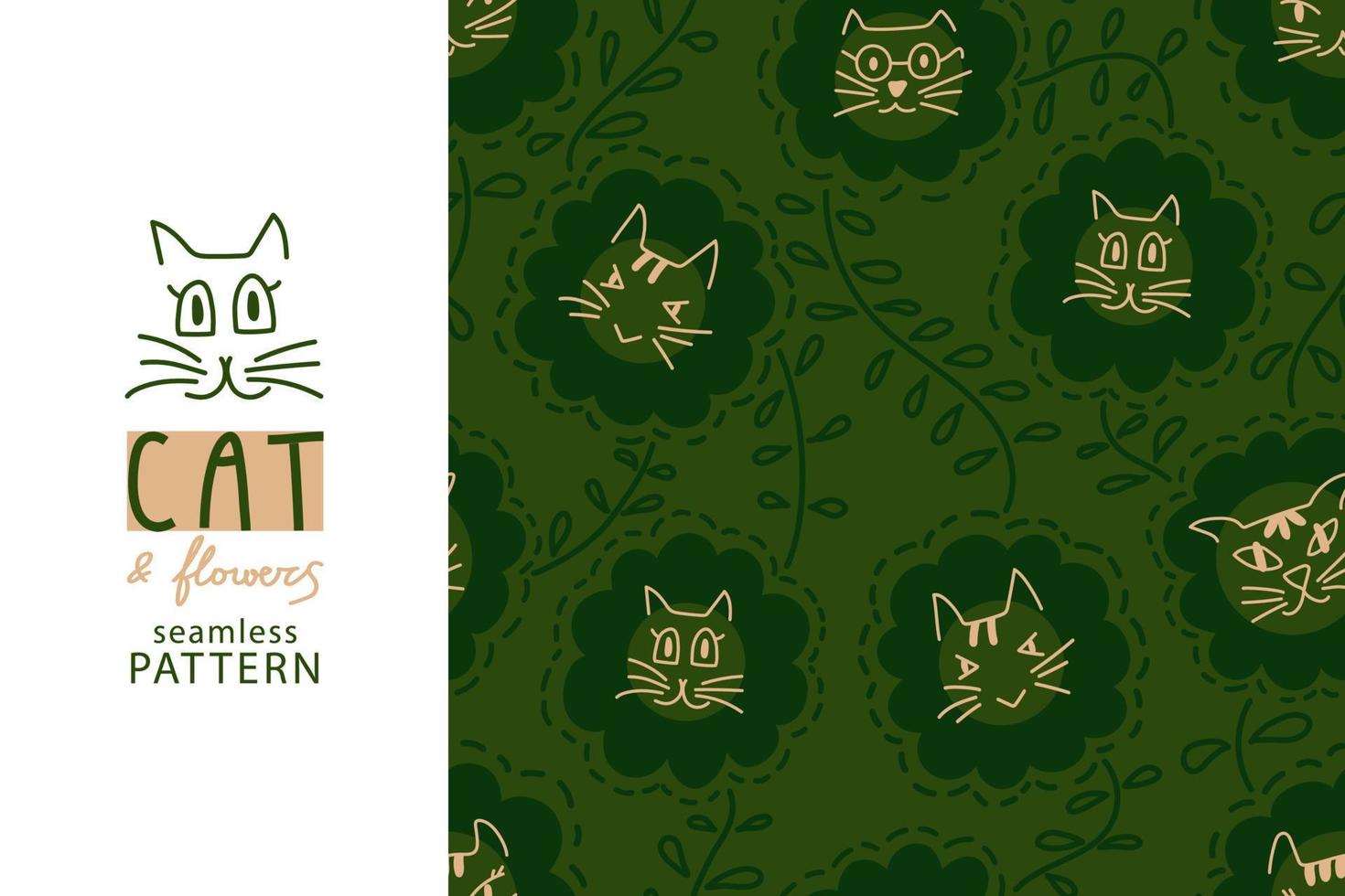 Cat head in flowers seamless pattern. Repeat endless pattern with cute cat face. Outlined doodle cats tile for design textile, fabric, wallpaper. Vector illustration