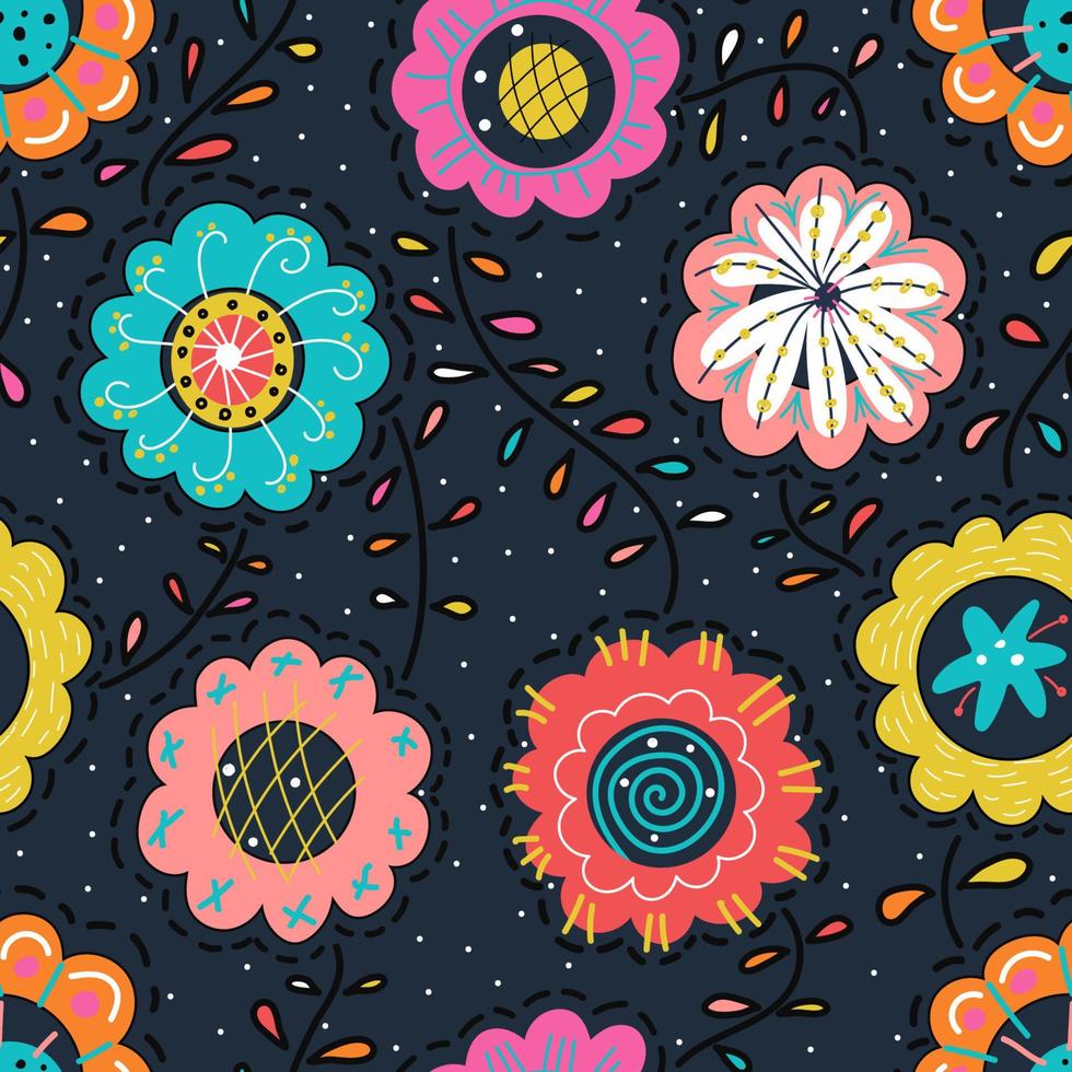 Floral seamless pattern. Decorative abstract doodle flowers and leaves. Repeat endless background doodle flowers. Vector illustration