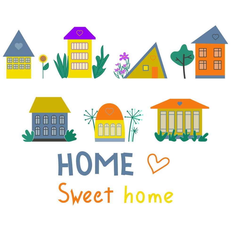 House collection. Country and city abstract buildings. Set of cottages with plants, village landscape, houses on white background. Flat vector illustration isolated on white, cartoon style