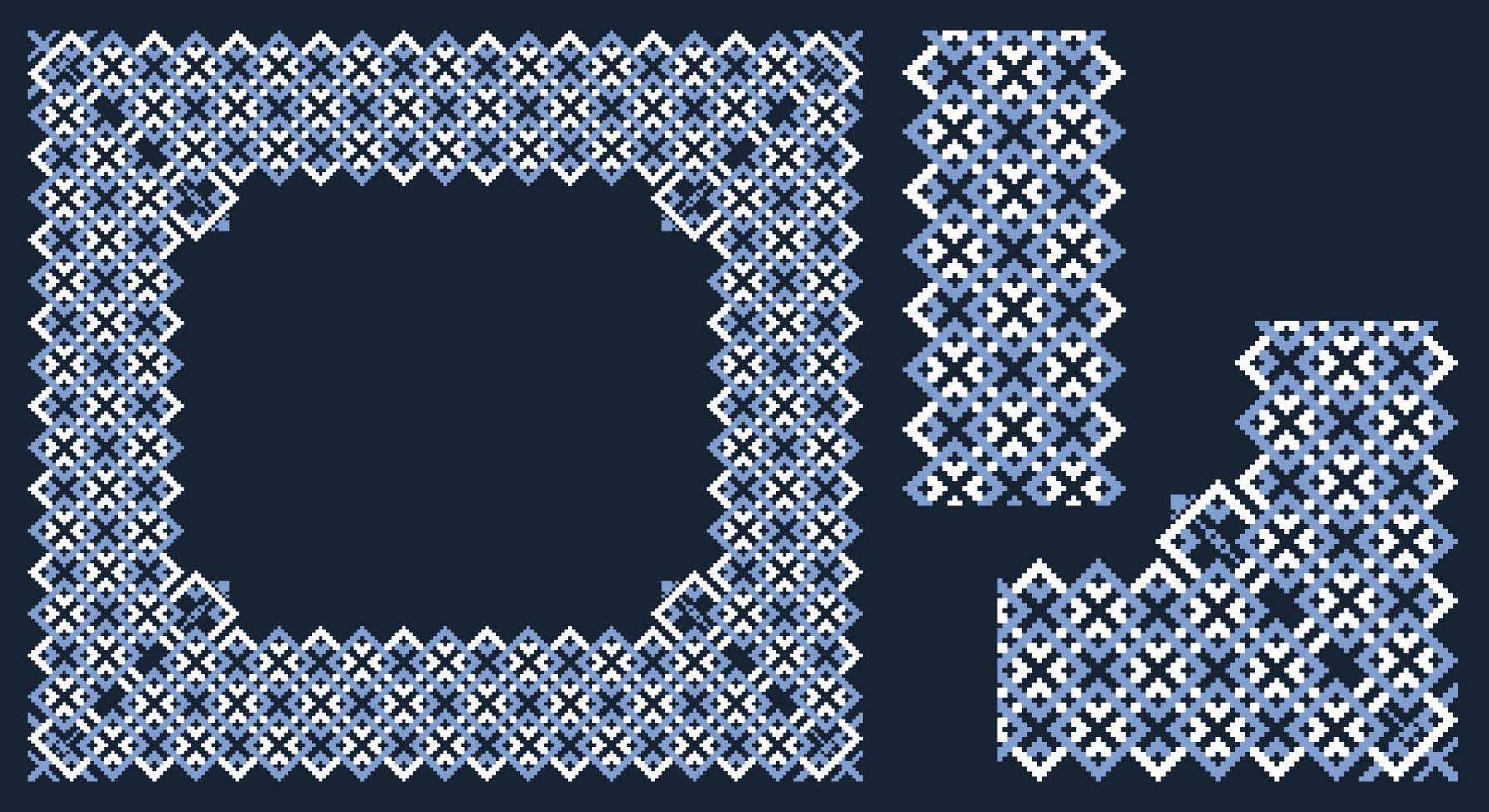 marco de encaje, esquina y borde con bordado ucraniano vyshyvanka pixel o marco de filigrana de diseño cuadrado para diseño ornamental clásico vector