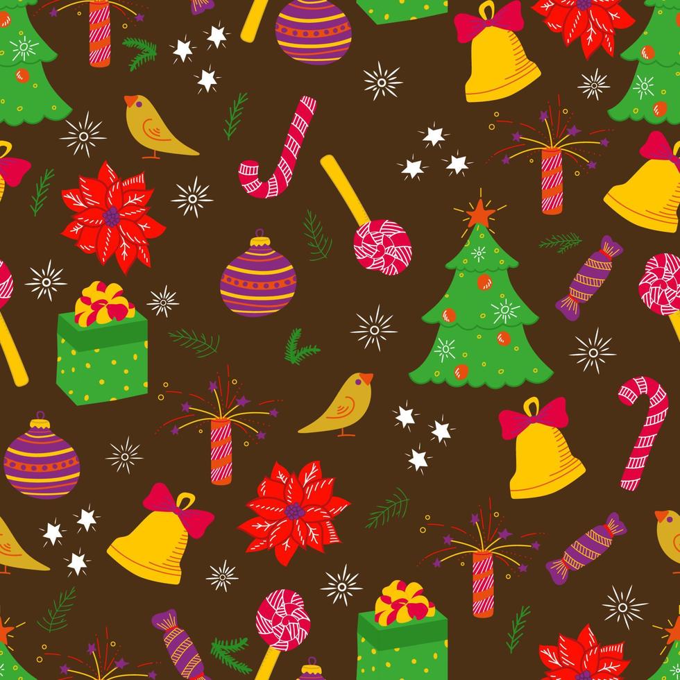 Xmas seamless pattern. Christmas ornament with candy, bulb, xmas tree, present box, poinsettia, bird, bell, gift, stars. Colorful holiday seamless pattern. Vector illustration