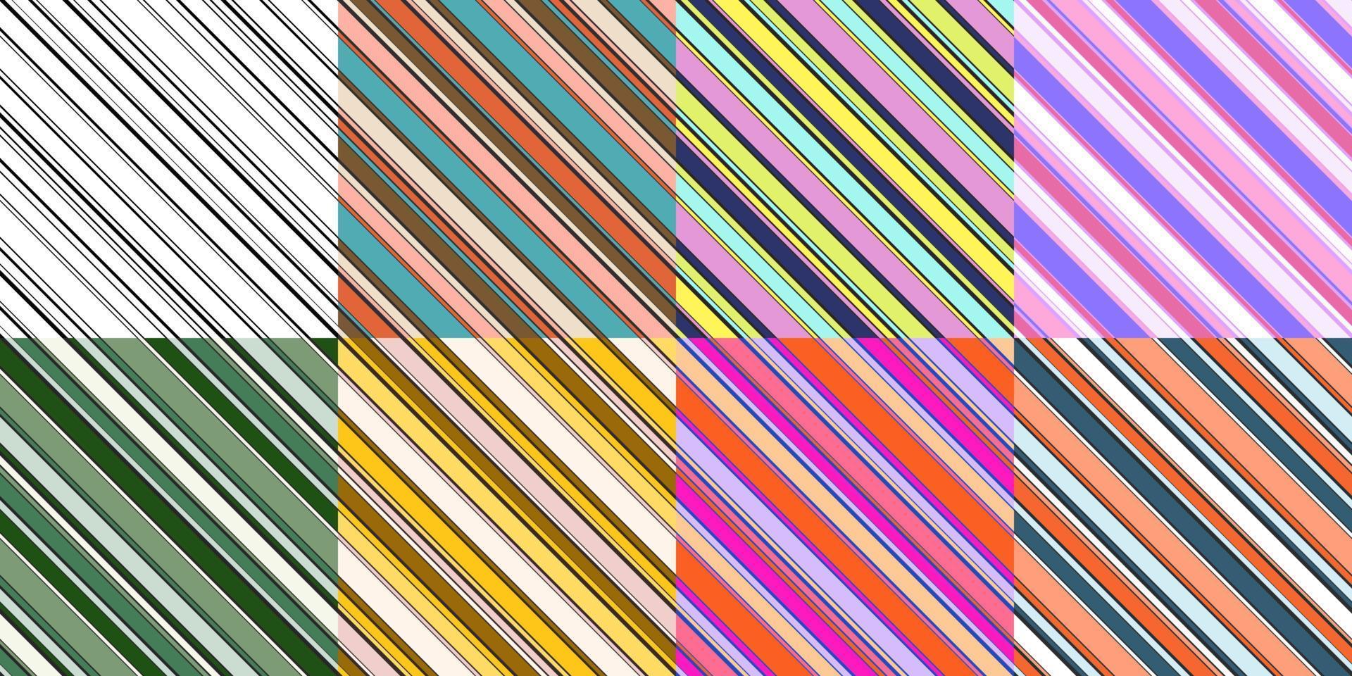 conjunto de patrones sin fisuras de rayas diagonales. líneas oblicuas paralelas en blanco y negro y coloridas en un patrón interminable repetido vector
