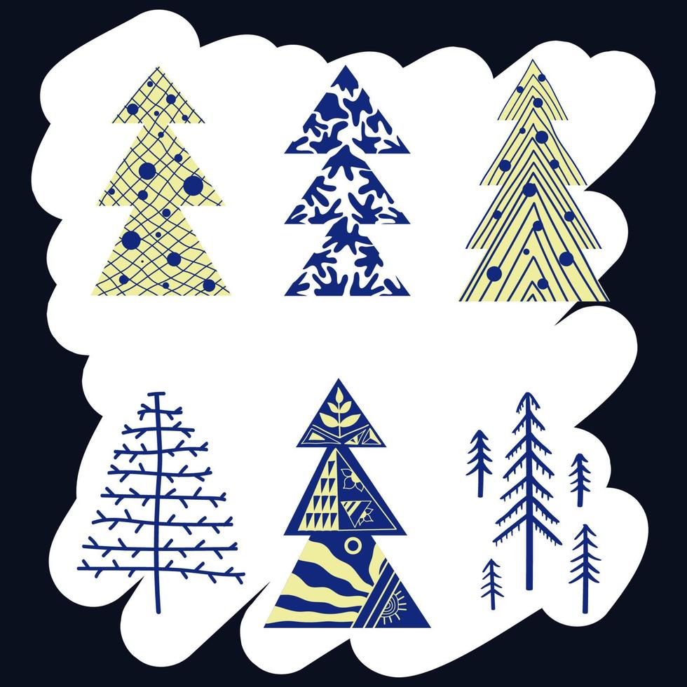 árbol de navidad en diseño gráfico. conjunto de piceas simples y estilizadas. colección de garabatos ny árboles. ilustración vectorial aislado en blanco vector