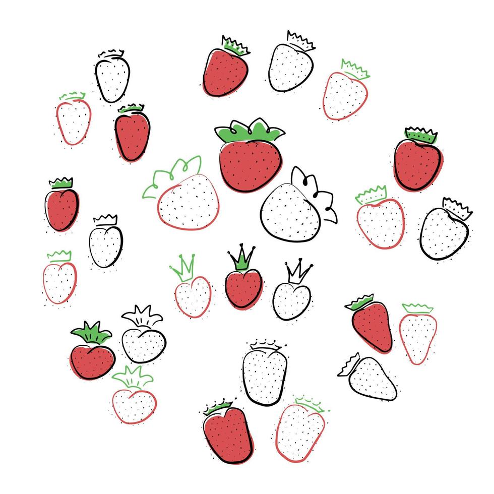 Strawberry with crown, hand drawn berry in black line, colored line and fill in colors. The queen from berries. Doodle strawberry for sweety summer childish modern design. Isolated vector illustration