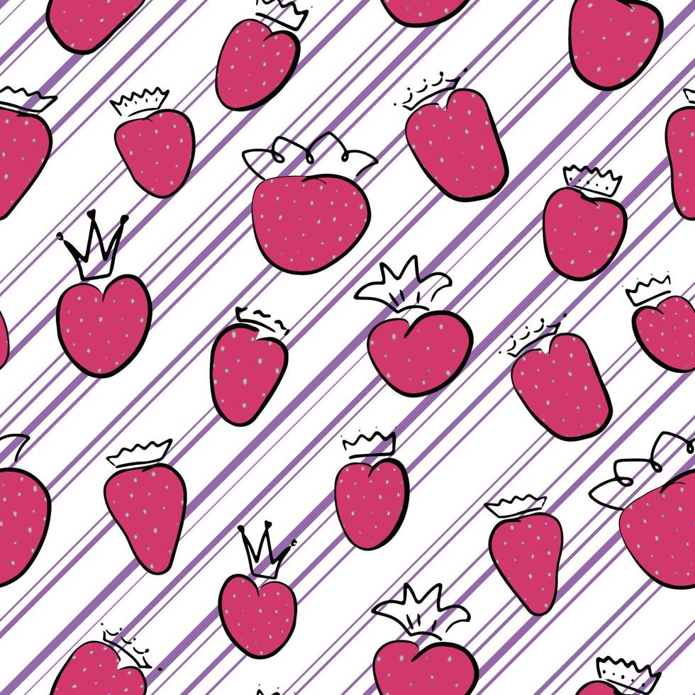 Strawberry with crown on diagonal lines, hand drawn berry. Seamless pattern with the queen of berries. Doodle strawberry for sweety summer childish design. Repeat endless vector illustration