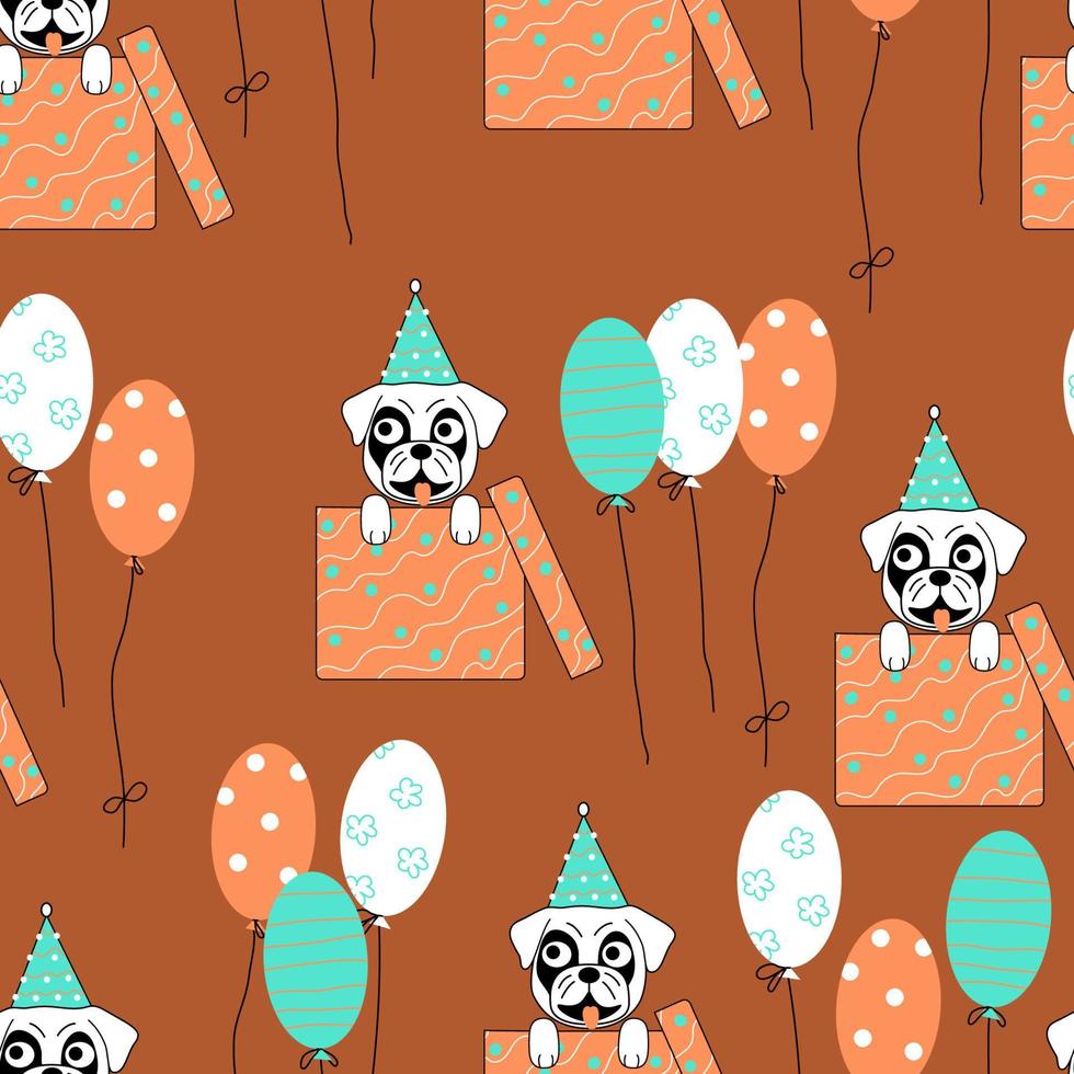 Dog pattern with balloons. Birthday party with pug puppy looks out from gift box and ballons. Repeat texture with dog on rusty background for party design, present, gift, happy event. Vector
