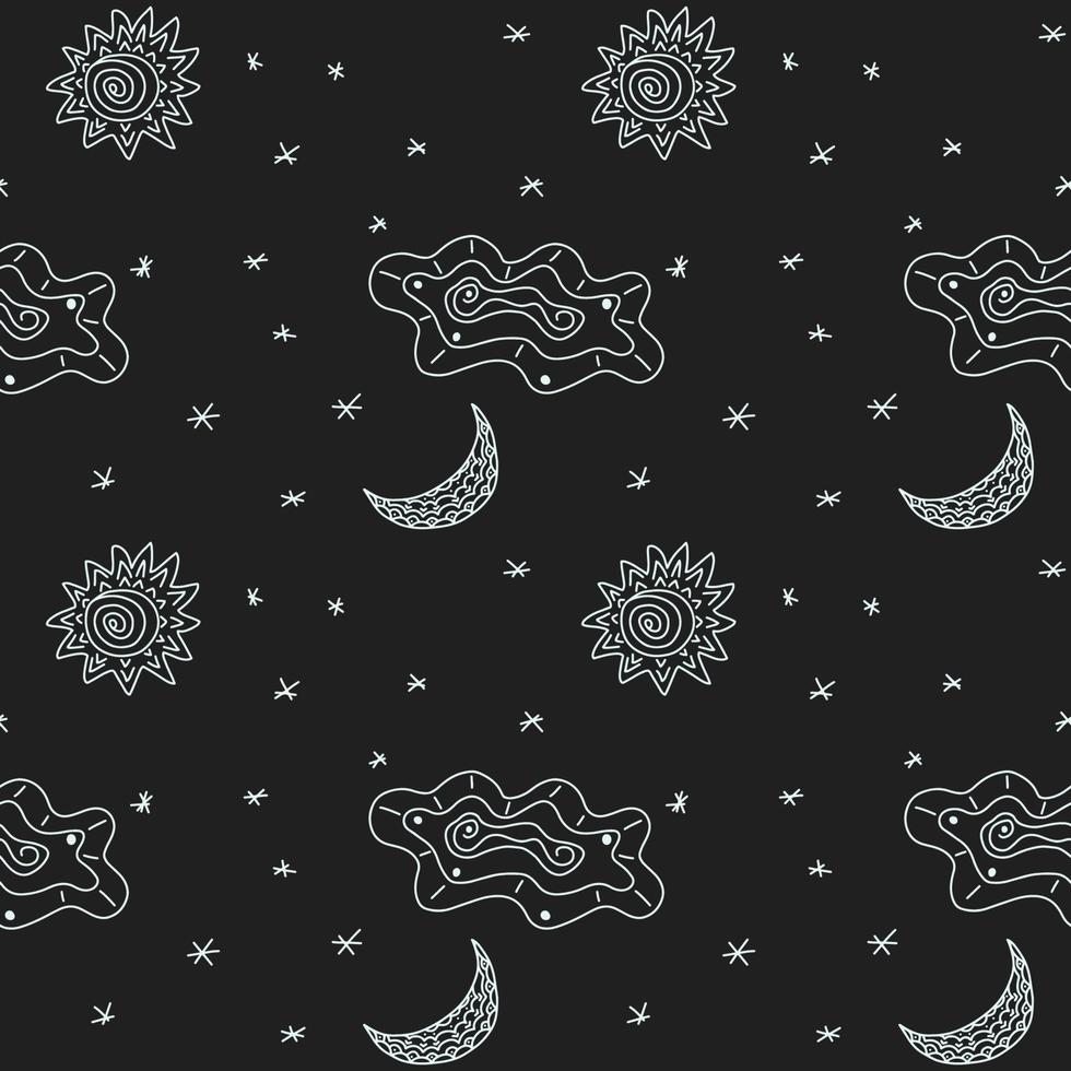 Night sky pattern with stars, moon, sun, cloud. Cute simple abstract seamless pattern. Tileable tribal texture for design. Doodle vector illustration