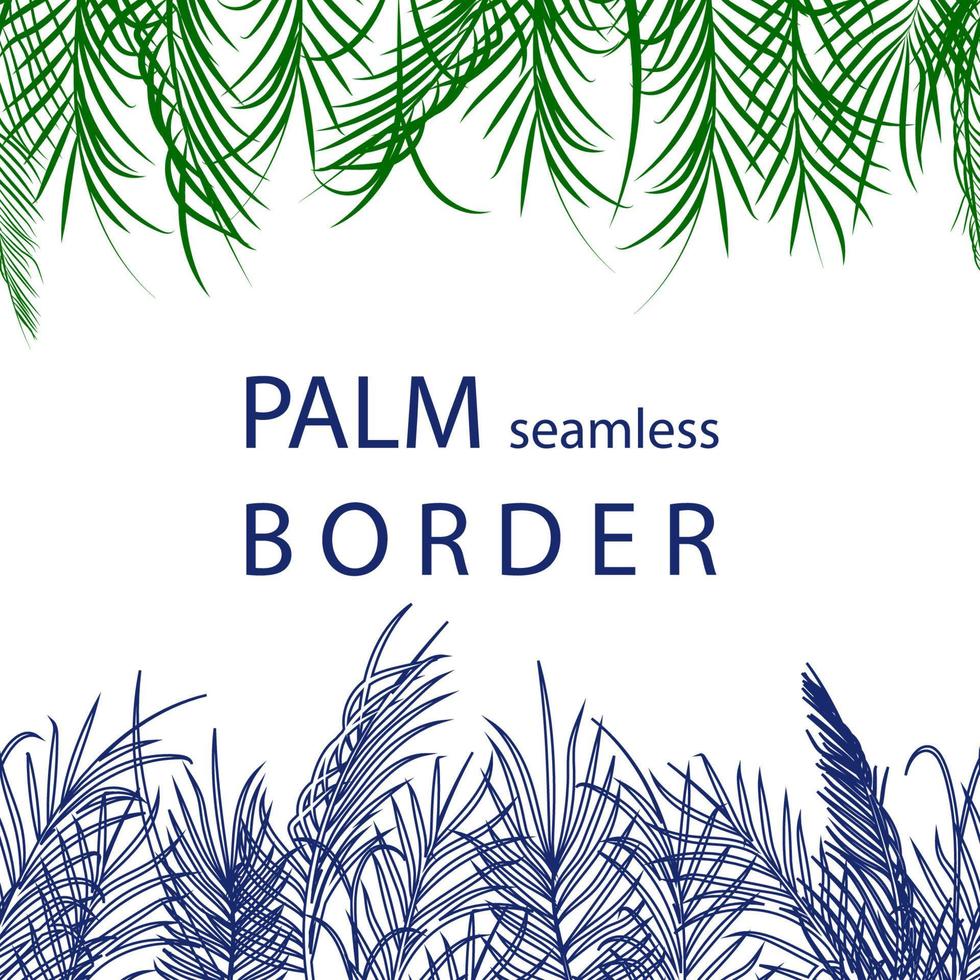 Horizontal border of palm leaves. Repeat endless line of palm leaves, outlined and filled in. Seamless vector illustration for design with natural elements