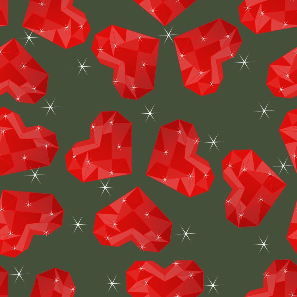 Seamless pattern with Crystal polygonal hearts and stars. Shining red crystals. Ruby hearts seamless pattern. Sparkling hearts repeat pattern for print, textile, background. Vector illustration