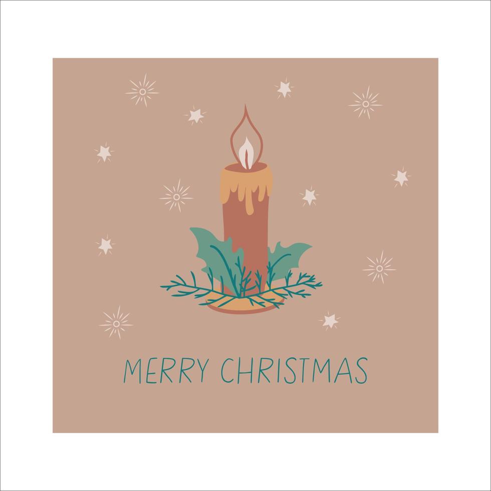 Christmas card with candle in flat style. Merry Christmas card, burning candle and spruce leaves. Holiday vector illustration