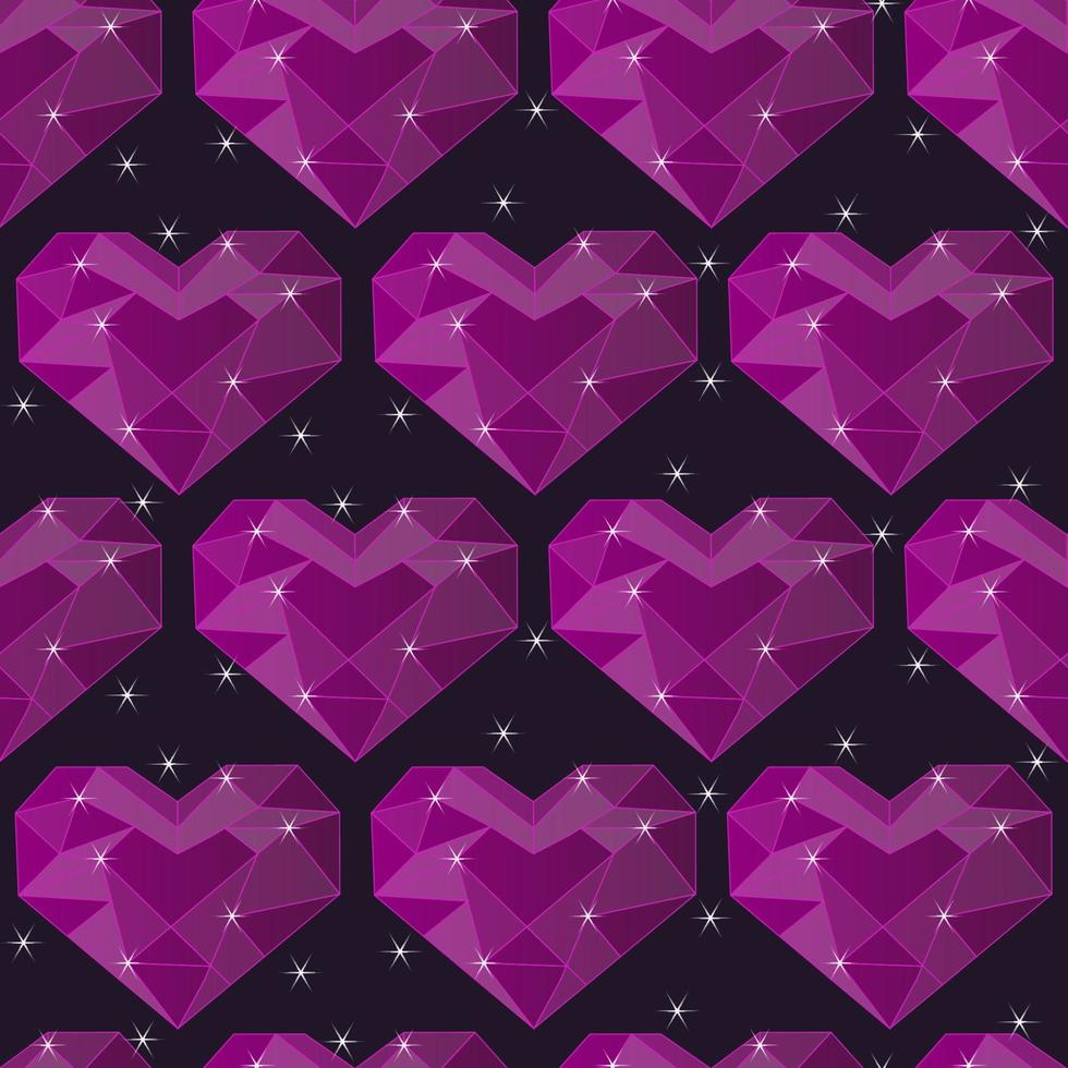 Seamless pattern with Crystal polygonal hearts and stars. Shining purple crystals. Sparkling hearts repeat pattern for print, textile, background. Vector illustration